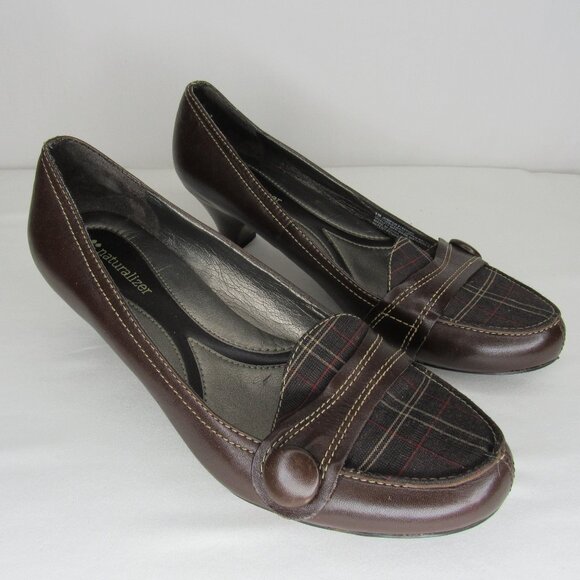 Naturalizer JUMPED Brown Leather Loafer Pump Plaid 2" Women's 8 - Picture 1 of 8
